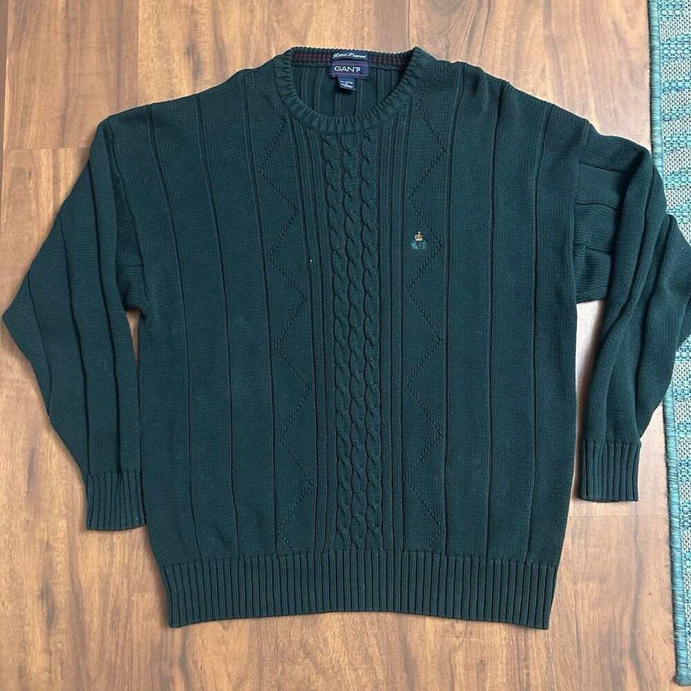 Vintage Gant Sweater Mens XL Green Hand Framed 100% Cotton Cable Knit Crest 90s
